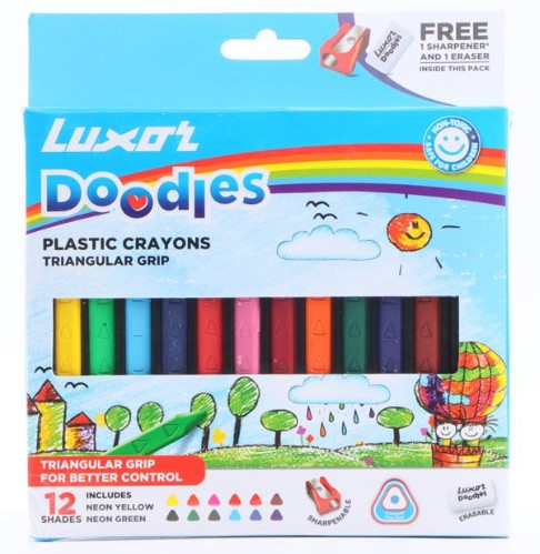 Luxor Doodles Triangular Grip Plastic Crayons - Assorted Colors With Free Eraser & Sharpener